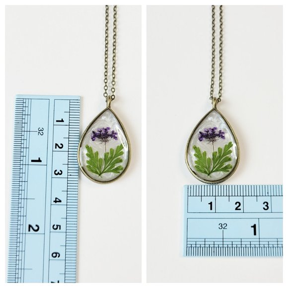Floral Teardrop Necklace Purple and Green Pressed Dried Flower Teardrop Pendant - Picture 7 of 10